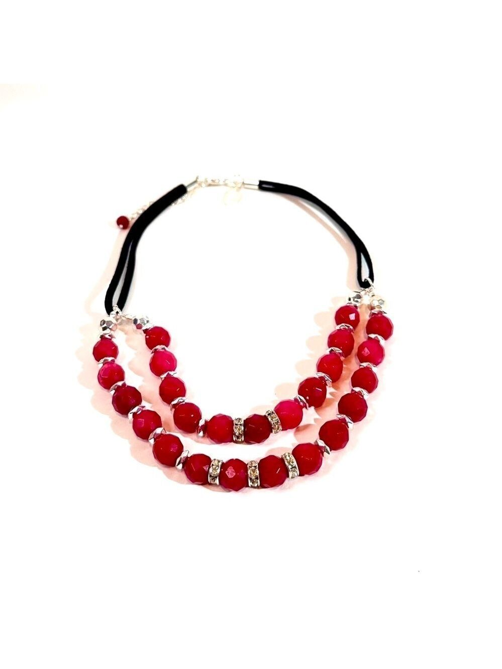 WHBM Red Beaded Necklace Silver Accents Double Strand NWT